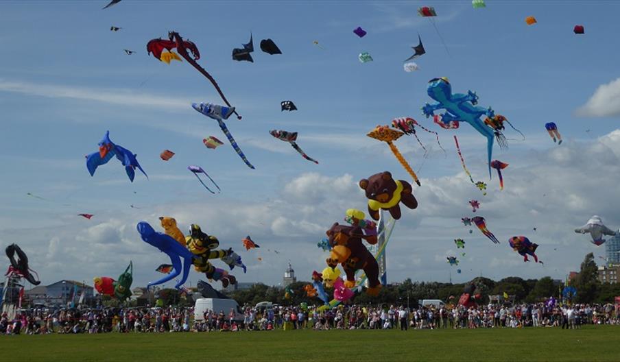 Novelty kites in the sky above Southsea Common